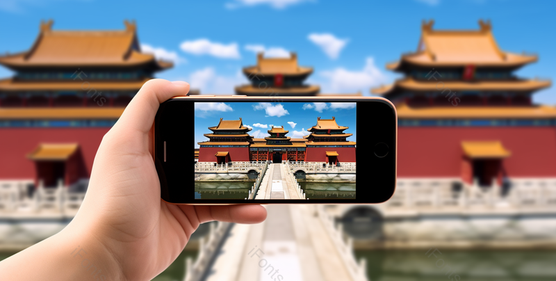 天空下手拿手机拍摄古建筑景点拍摄,高清,摄影图,摄影图片,图片大全,摄影图免费下载